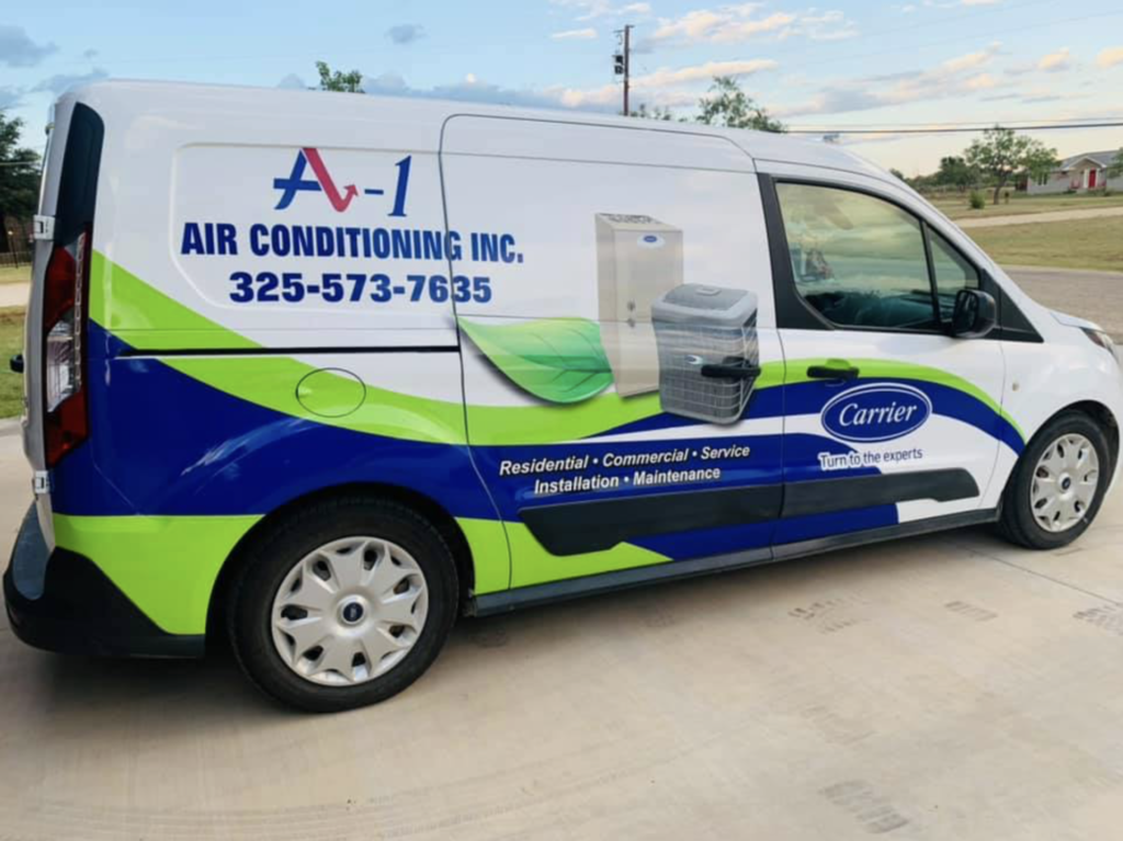 Van with blue and green graphics