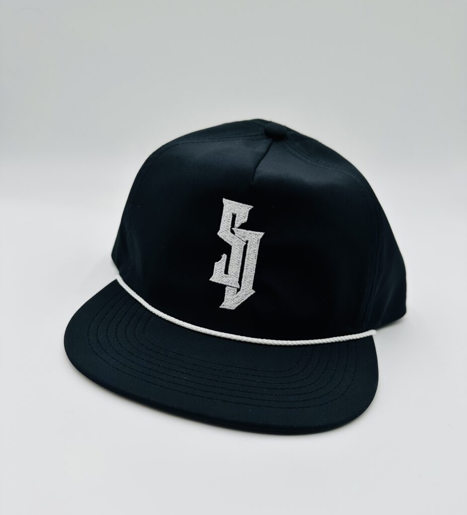 white logo embroidered on black cap