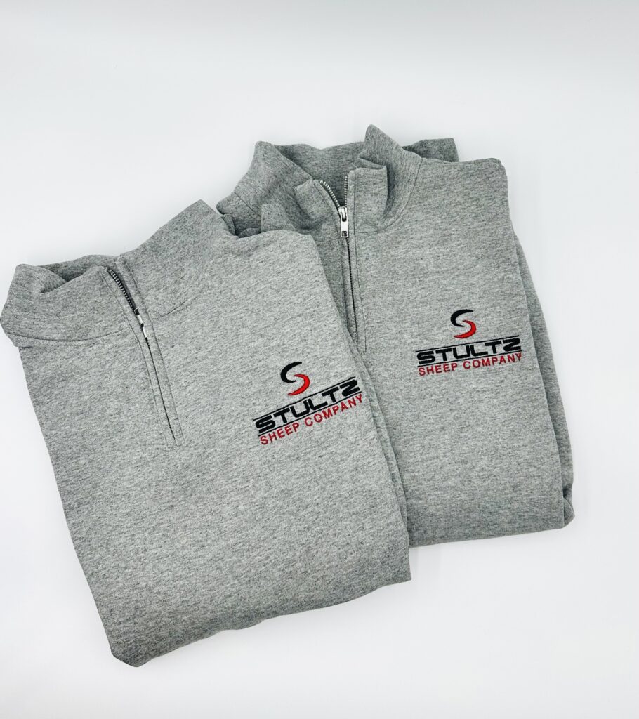 grey sweatshirts with company logo embroidered on left chest