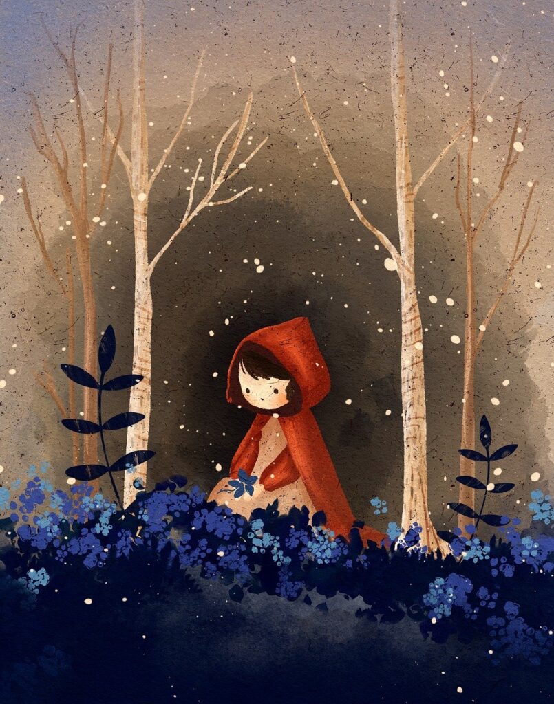 Clashing hues with cartoonish Little Red Riding Hood in center