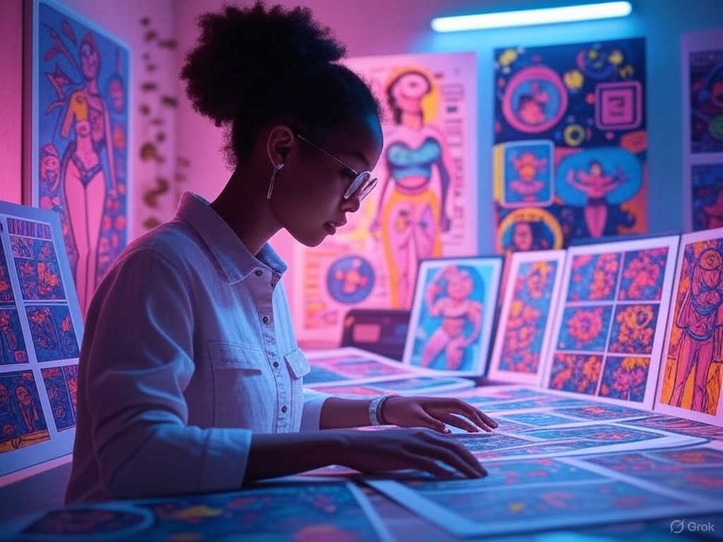 Young lady looking over retro psychedelic images