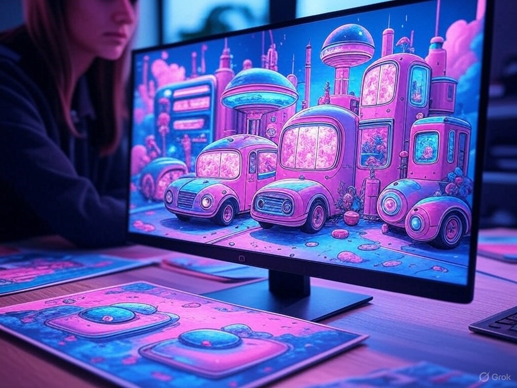 3D pastel colored vehicles in futuristic setting