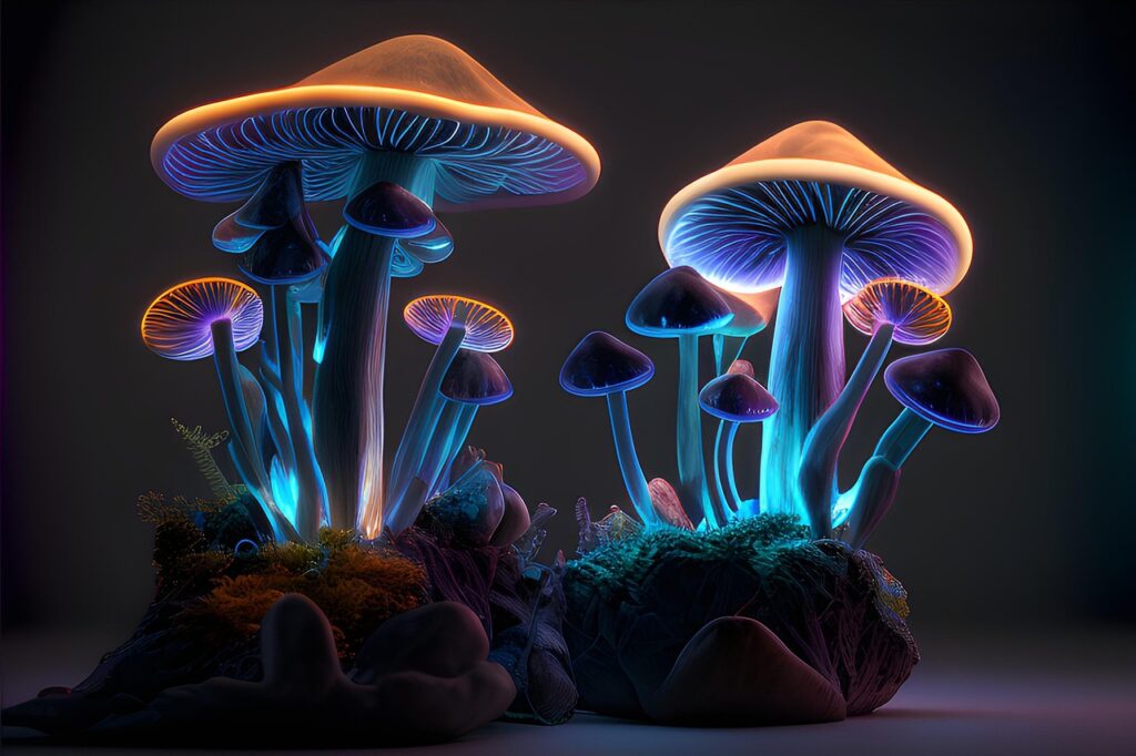 AI generated multicolored mushrooms